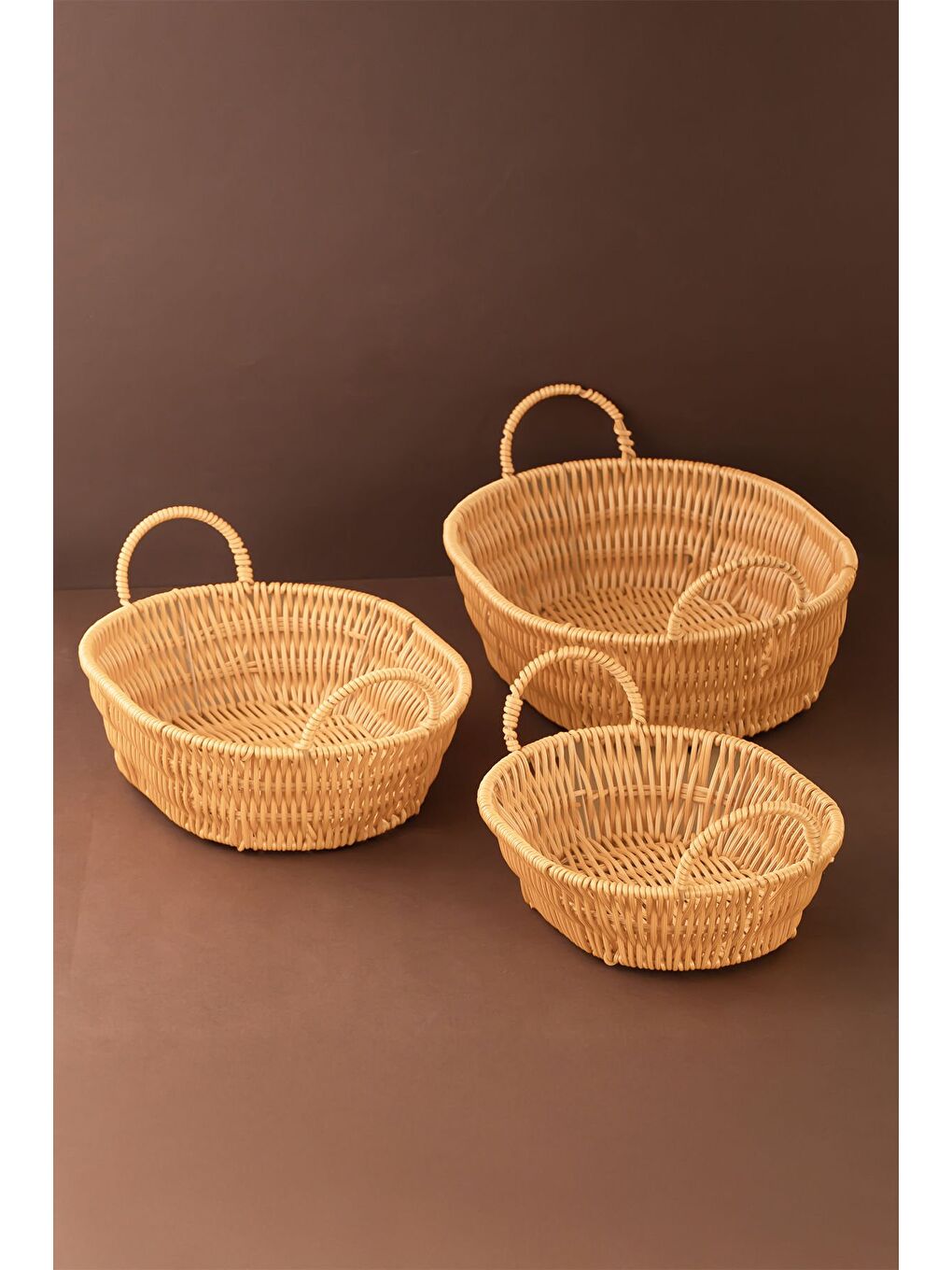 Kahverengi 302-B Oval 3'lü Hasır Sepet Dekoratif Ev Düzenleyici Hasır Sepet Seti Banyo Düzenleyici Sepet-1