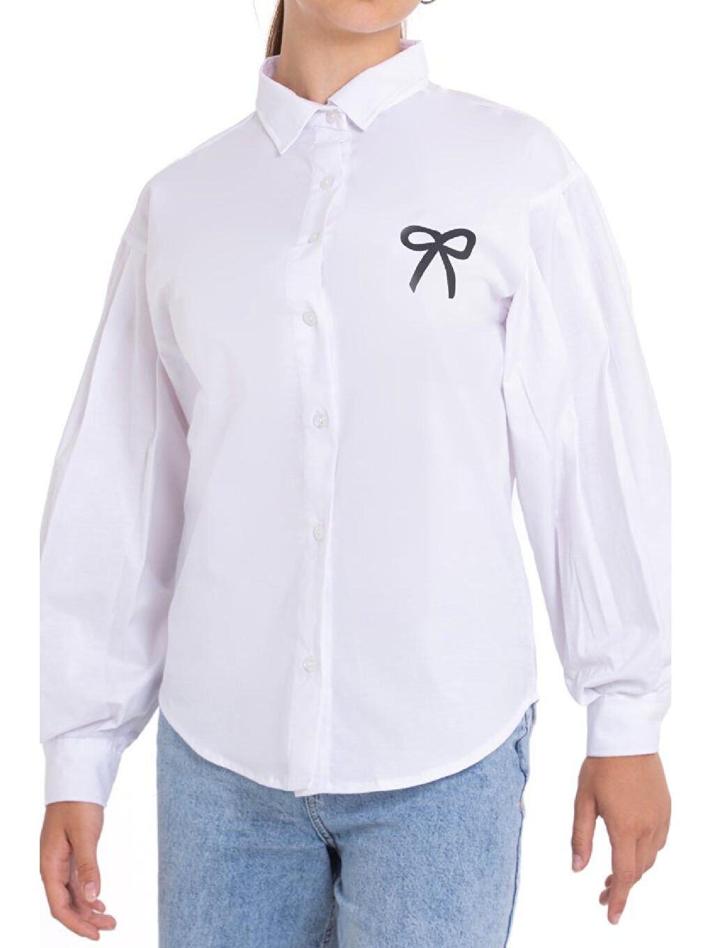 Beyaz Kız Çocuk Fiyonk Görsel Baskılı-Bel Panelli Gömlek 1252.1-2