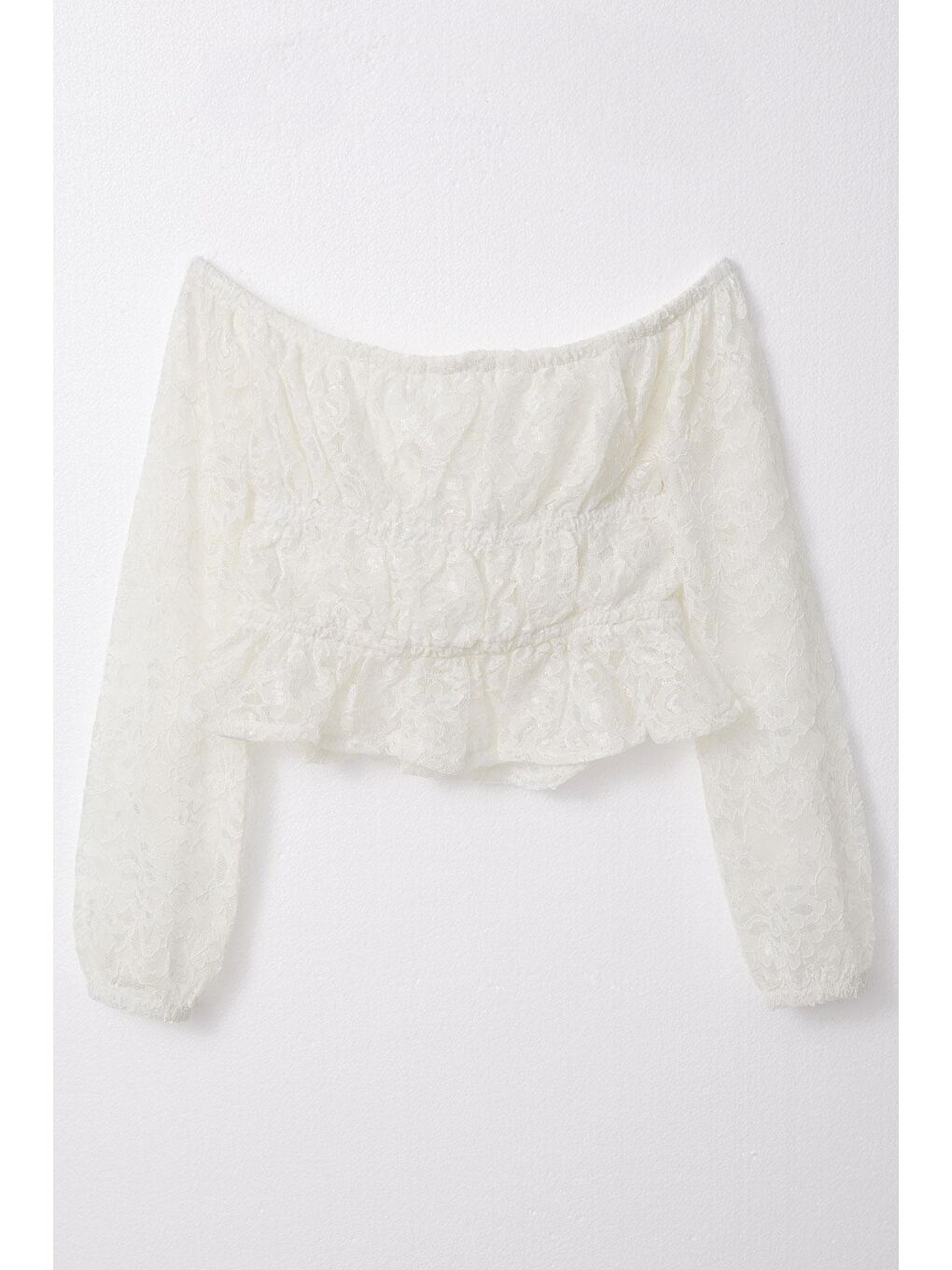 Kız Çocuk Uzun Kollu Dantelli Crop Bluz Ekru (9-14 Yaş)-1