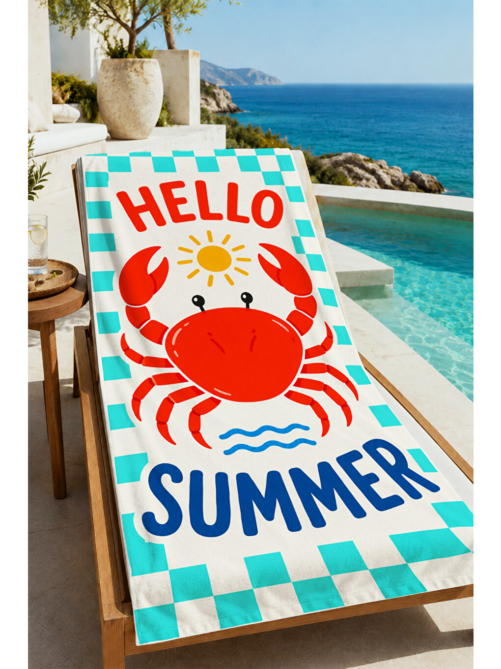 Mavi Pop Art Hello Summer Yengeç Ekose Desenli 70x150 Plaj Havlusu - Dijital Baskılı Banyo Havlusu-1