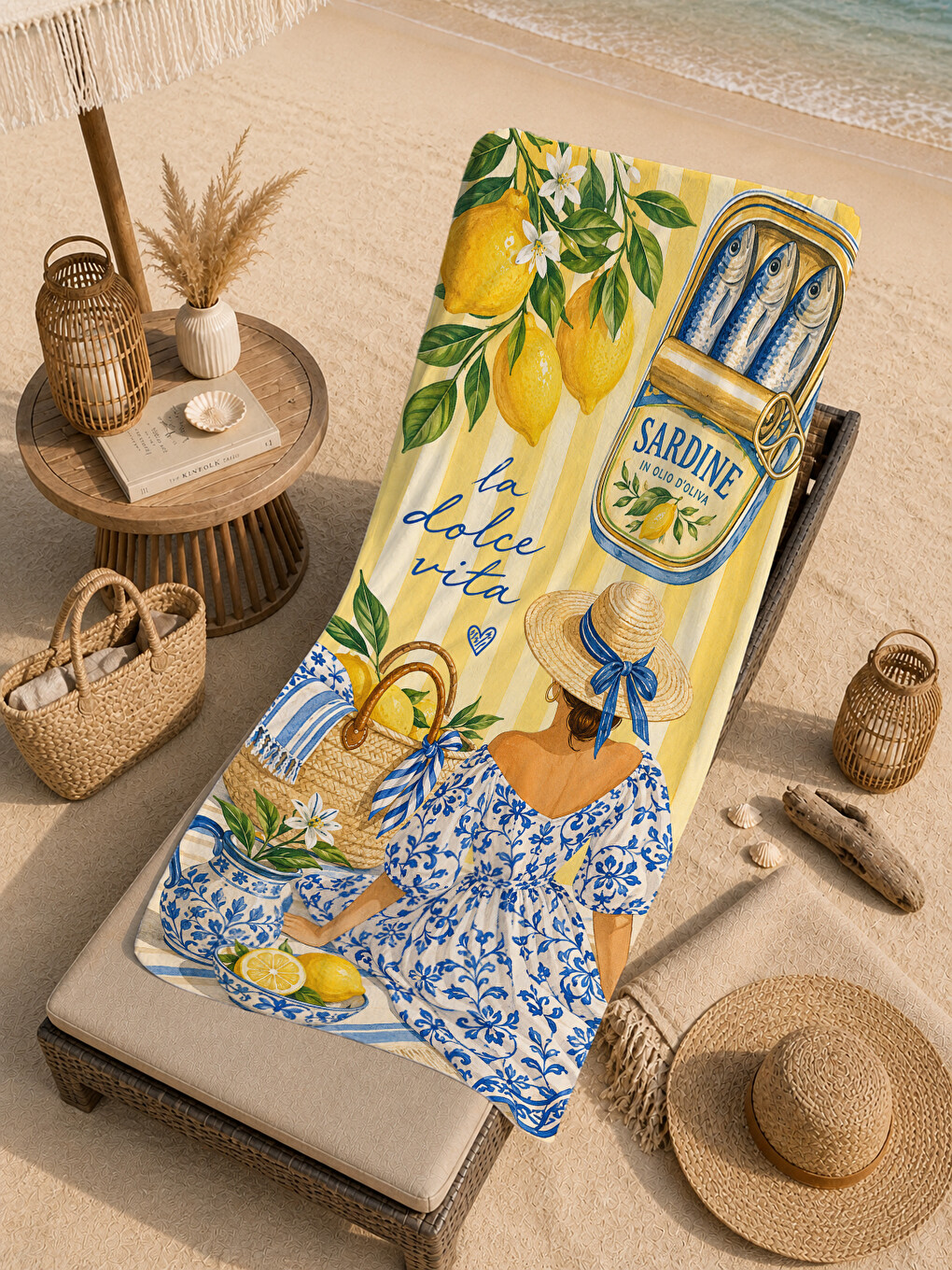 Akdeniz Limon Mavi Çini Desenli 70x150 Plaj Havlusu - Dijital Baskılı Solmaz Banyo Havlusu-3
