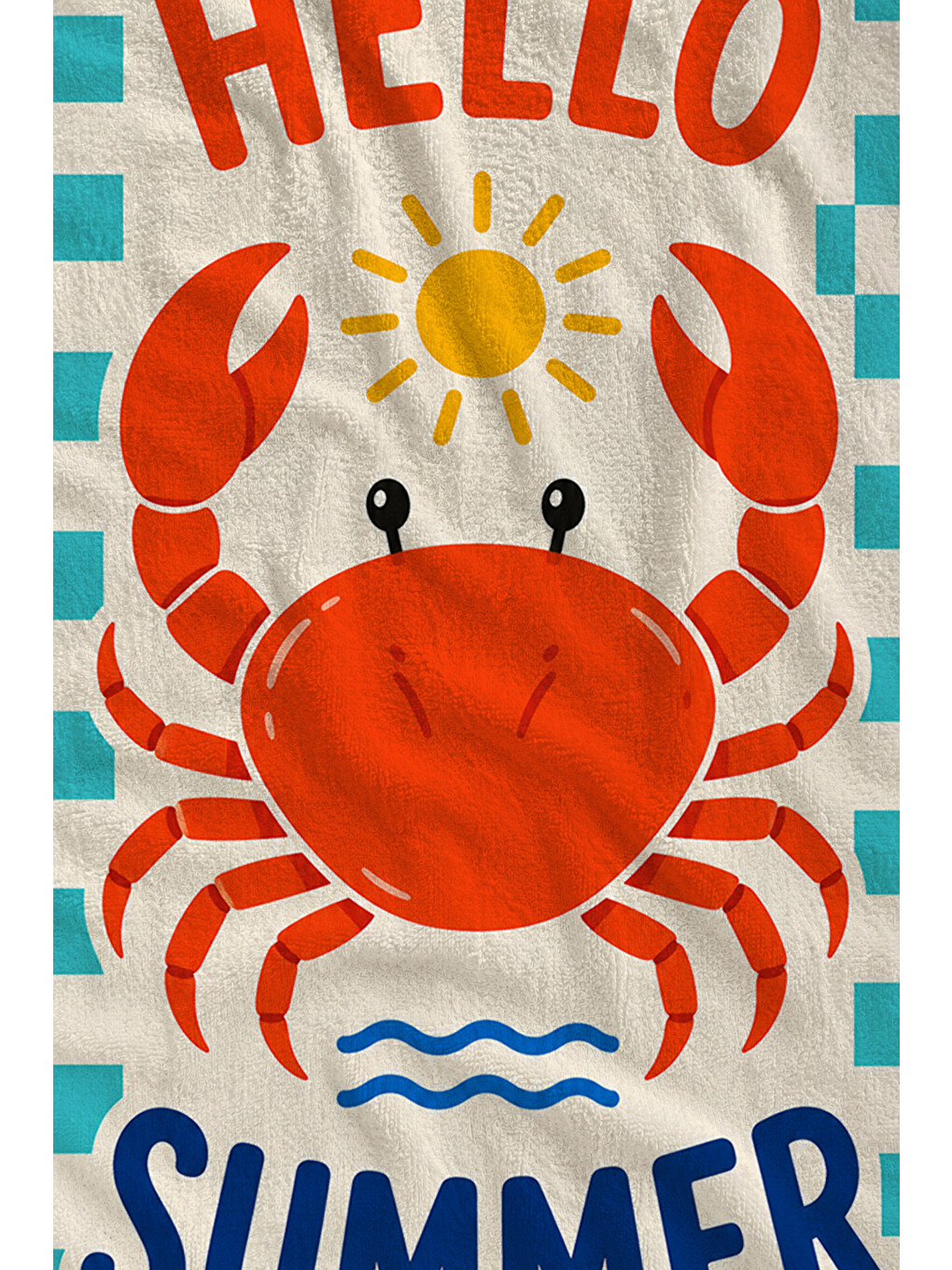 Mavi Pop Art Hello Summer Yengeç Ekose Desenli 70x150 Plaj Havlusu - Dijital Baskılı Banyo Havlusu-2