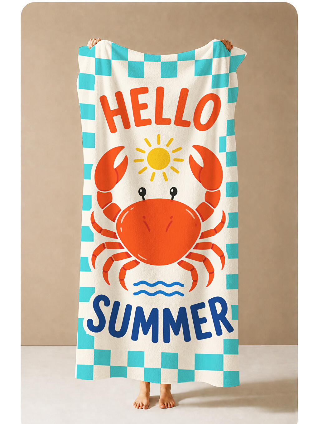 Mavi Pop Art Hello Summer Yengeç Ekose Desenli 70x150 Plaj Havlusu - Dijital Baskılı Banyo Havlusu-3