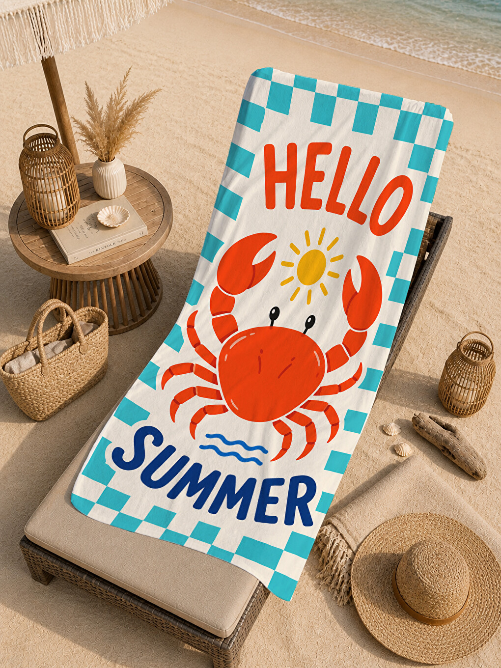 Mavi Pop Art Hello Summer Yengeç Ekose Desenli 70x150 Plaj Havlusu - Dijital Baskılı Banyo Havlusu-4