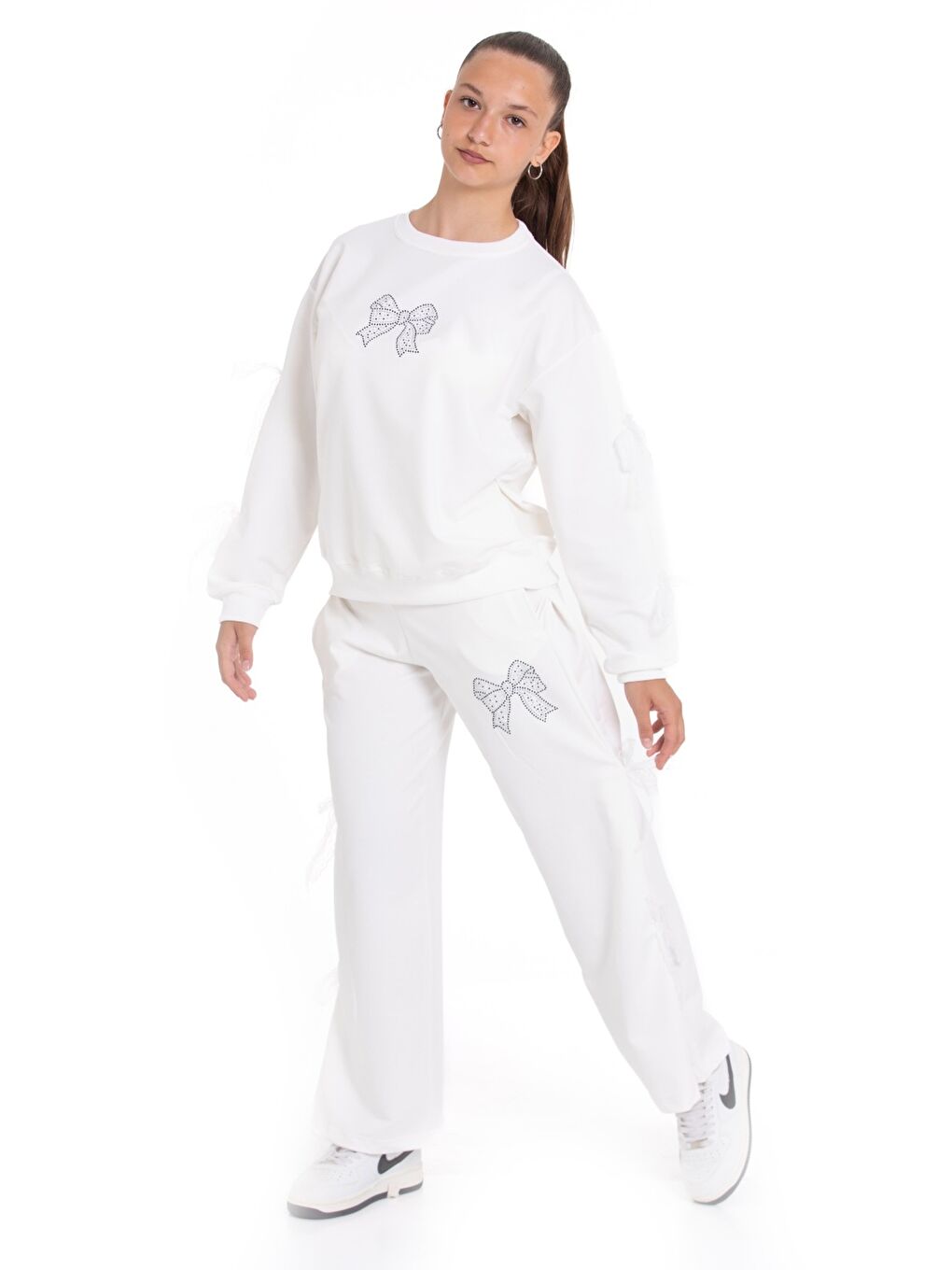 Ekru Kız Çocuk Eşofman Takımı Taş Baskılı Fiyonk ve Tül Detaylı- 2 İplik 12213.1-1