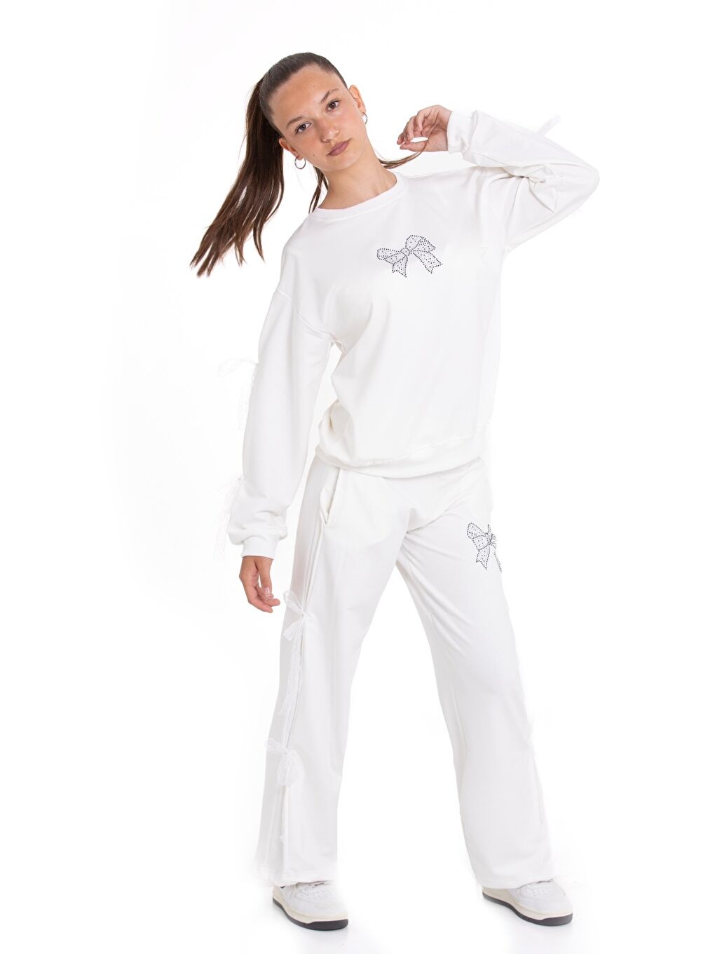 Ekru Kız Çocuk Eşofman Takımı Taş Baskılı Fiyonk ve Tül Detaylı- 2 İplik 12213.1-2