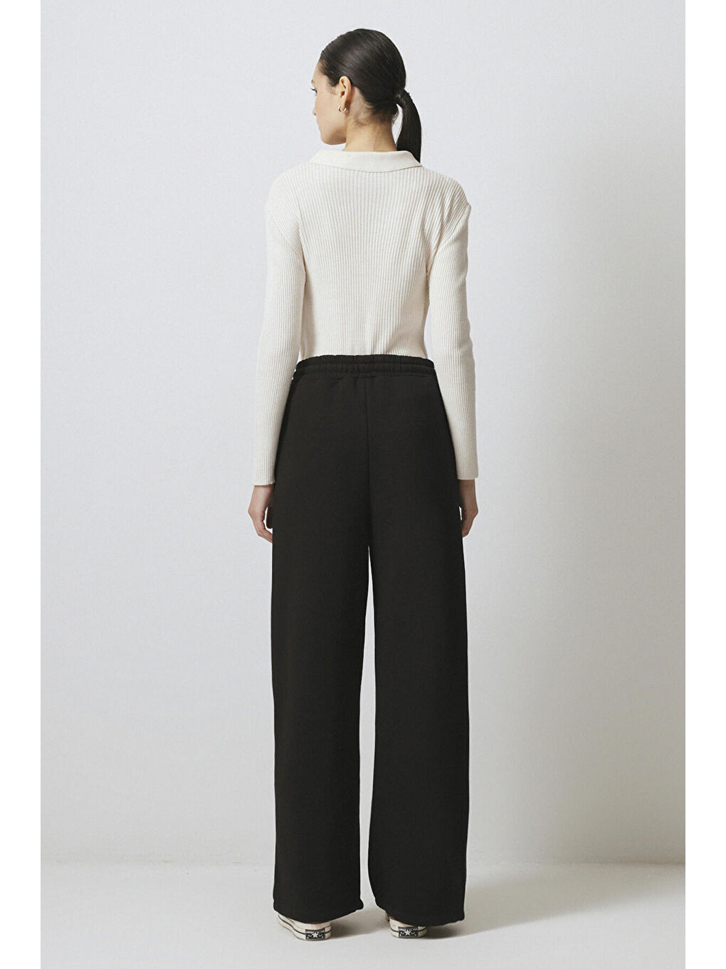 Siyah Beli Lastikli Şardonlu Örme Pantolon-3