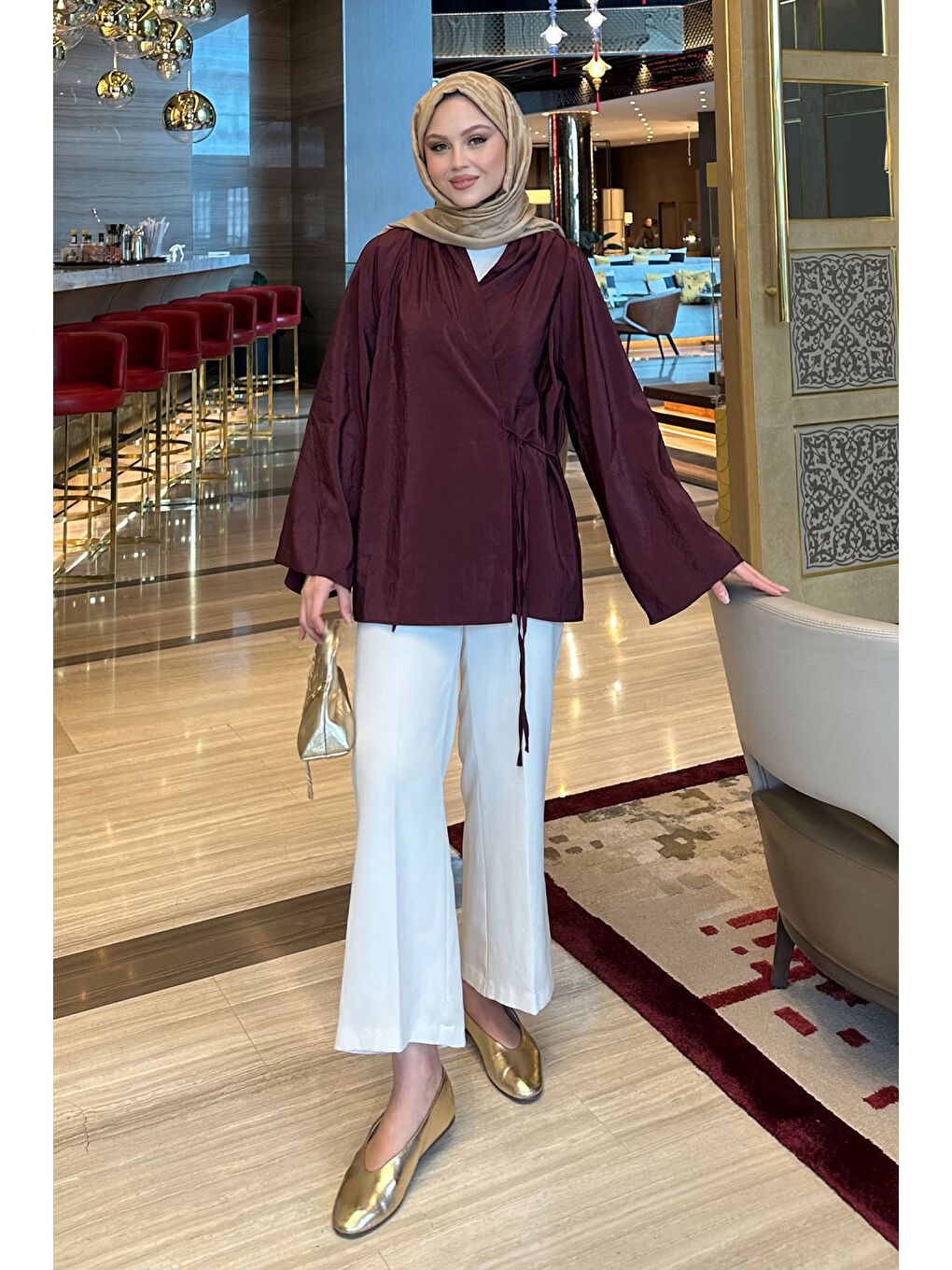 Kadın Yakası Pile Detaylı Kimono Bordo-1