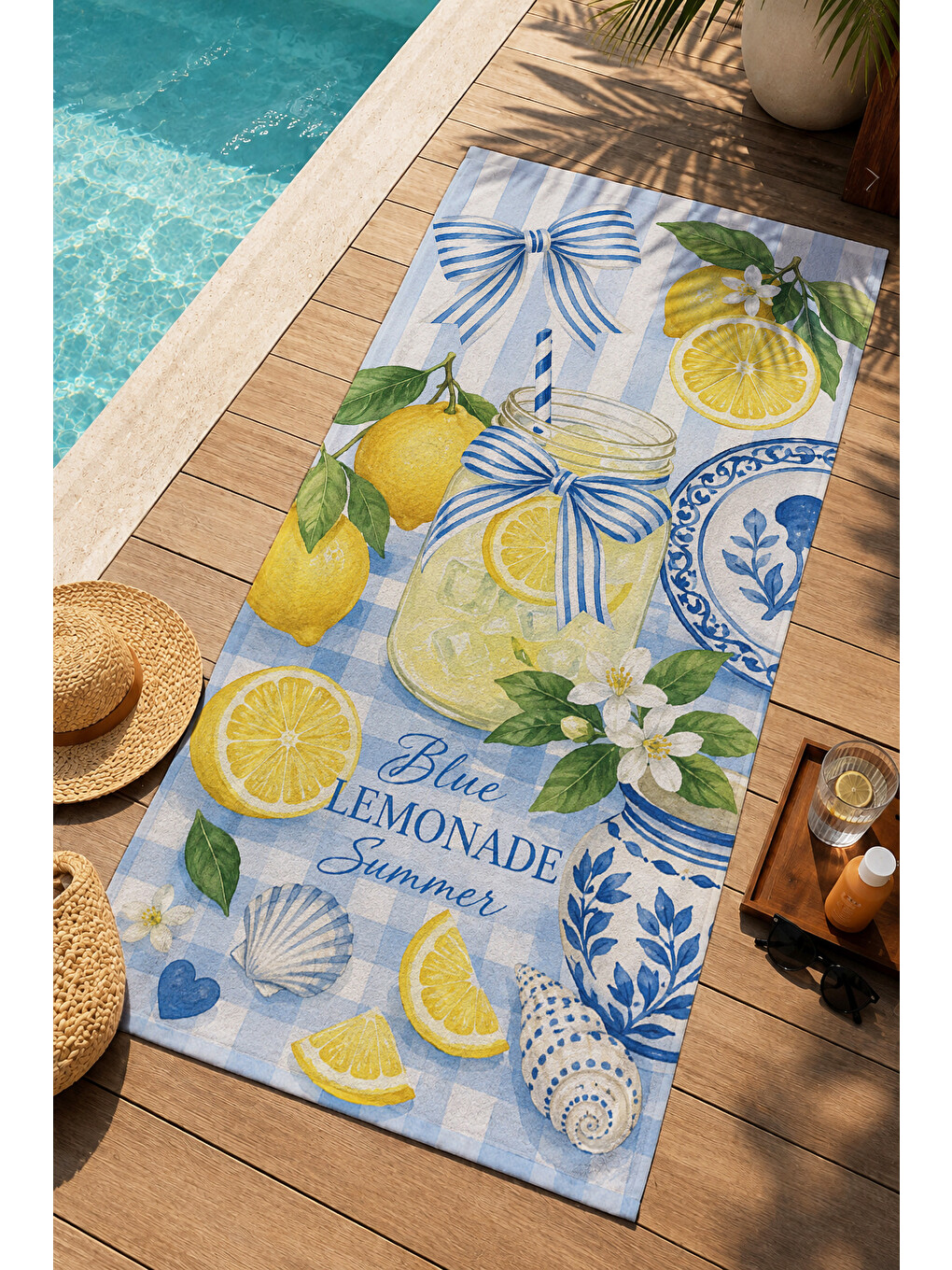 Akdeniz Limon Mavi Çini Ve Seramik Desenli 70x150 Plaj Havlusu - Dijital Baskılı Banyo Havlusu-1