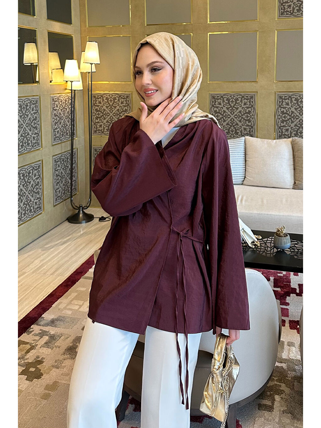 Kadın Yakası Pile Detaylı Kimono Bordo-2