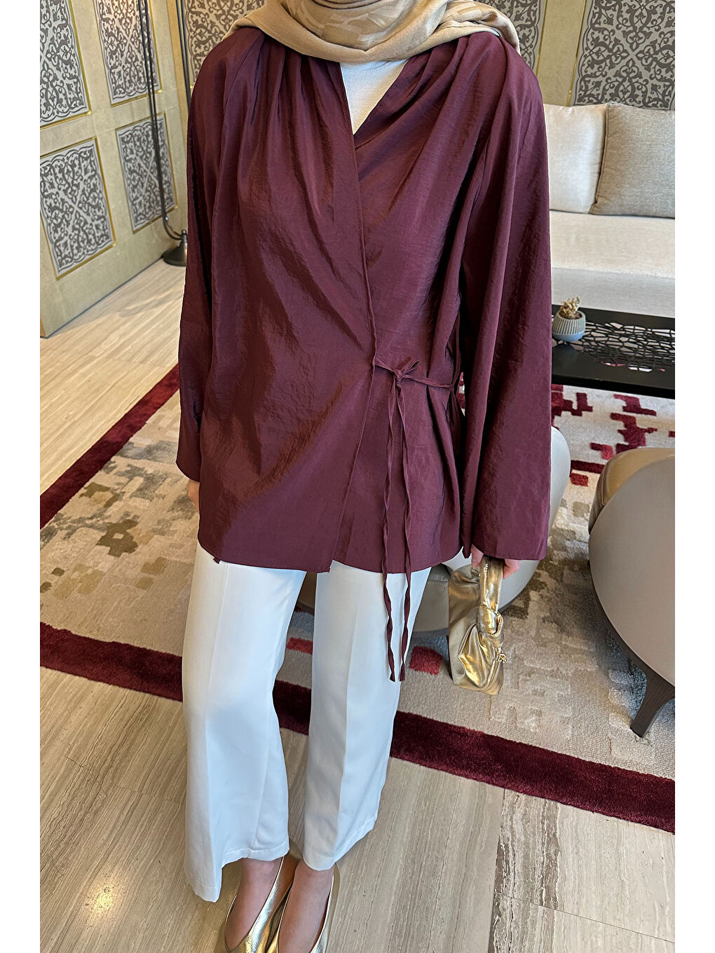 Kadın Yakası Pile Detaylı Kimono Bordo-3