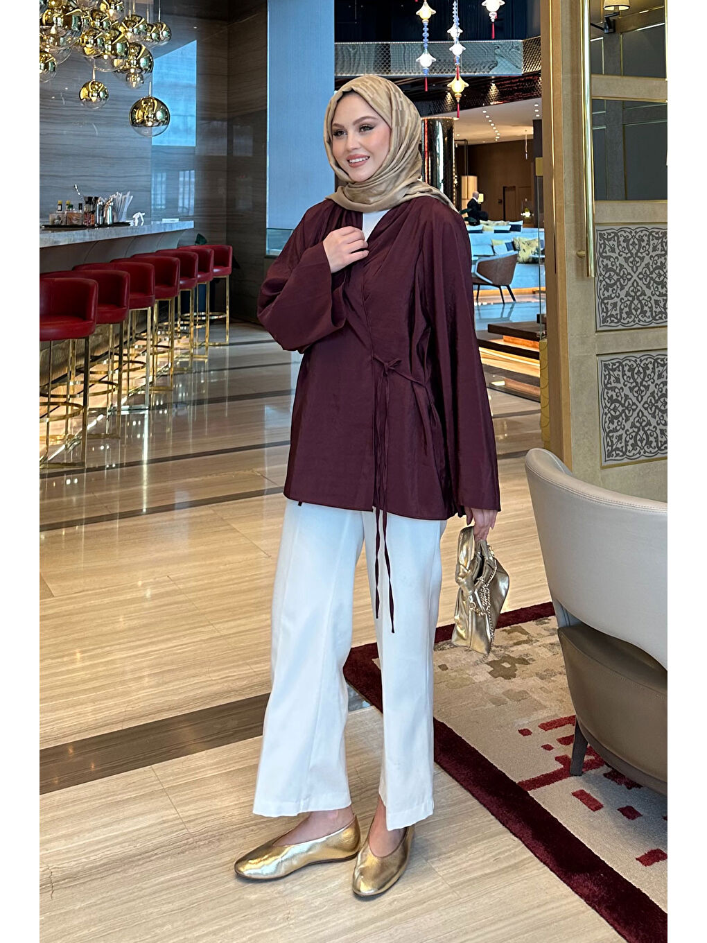 Kadın Yakası Pile Detaylı Kimono Bordo-4