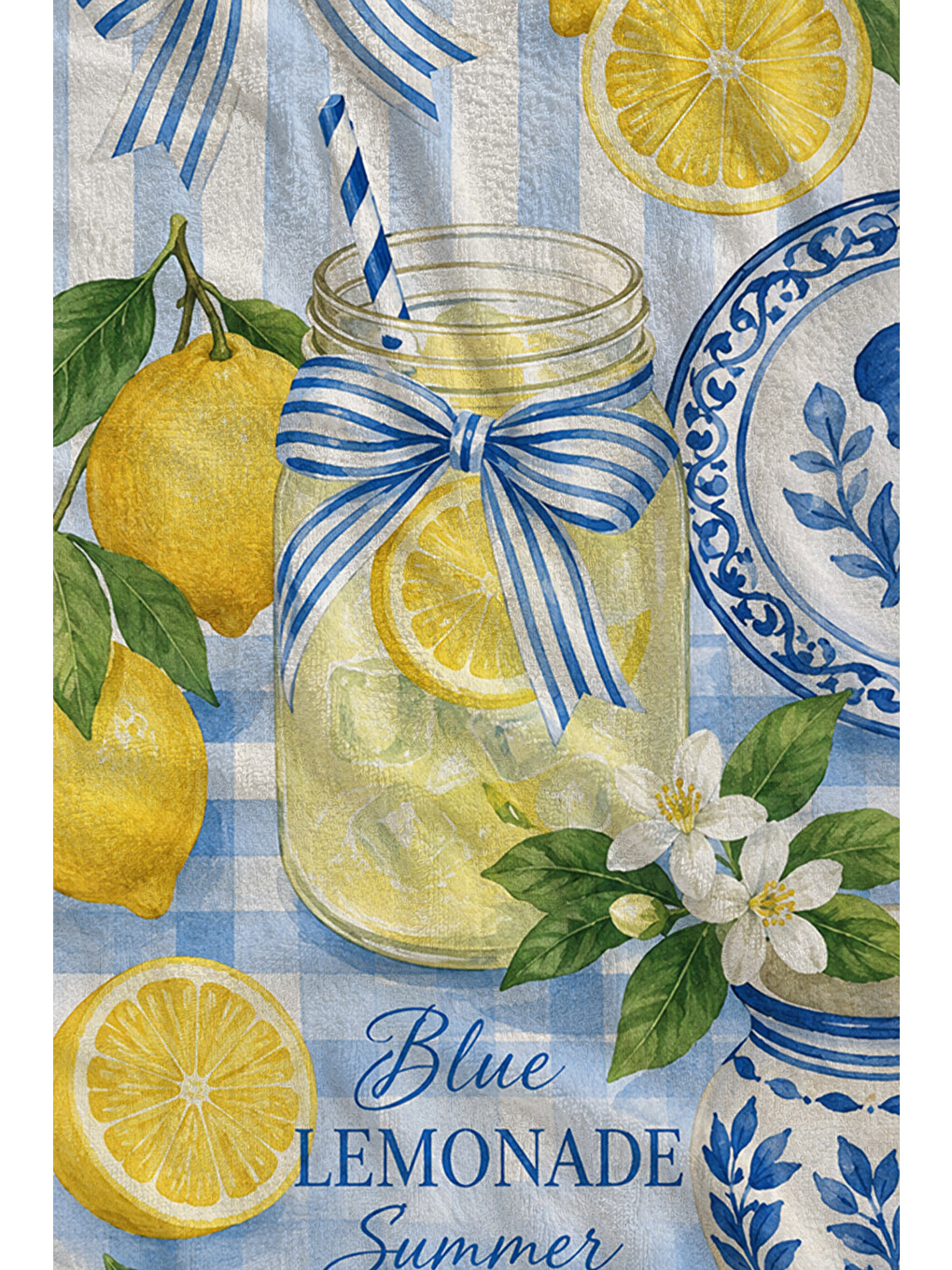 Akdeniz Limon Mavi Çini Ve Seramik Desenli 70x150 Plaj Havlusu - Dijital Baskılı Banyo Havlusu-2