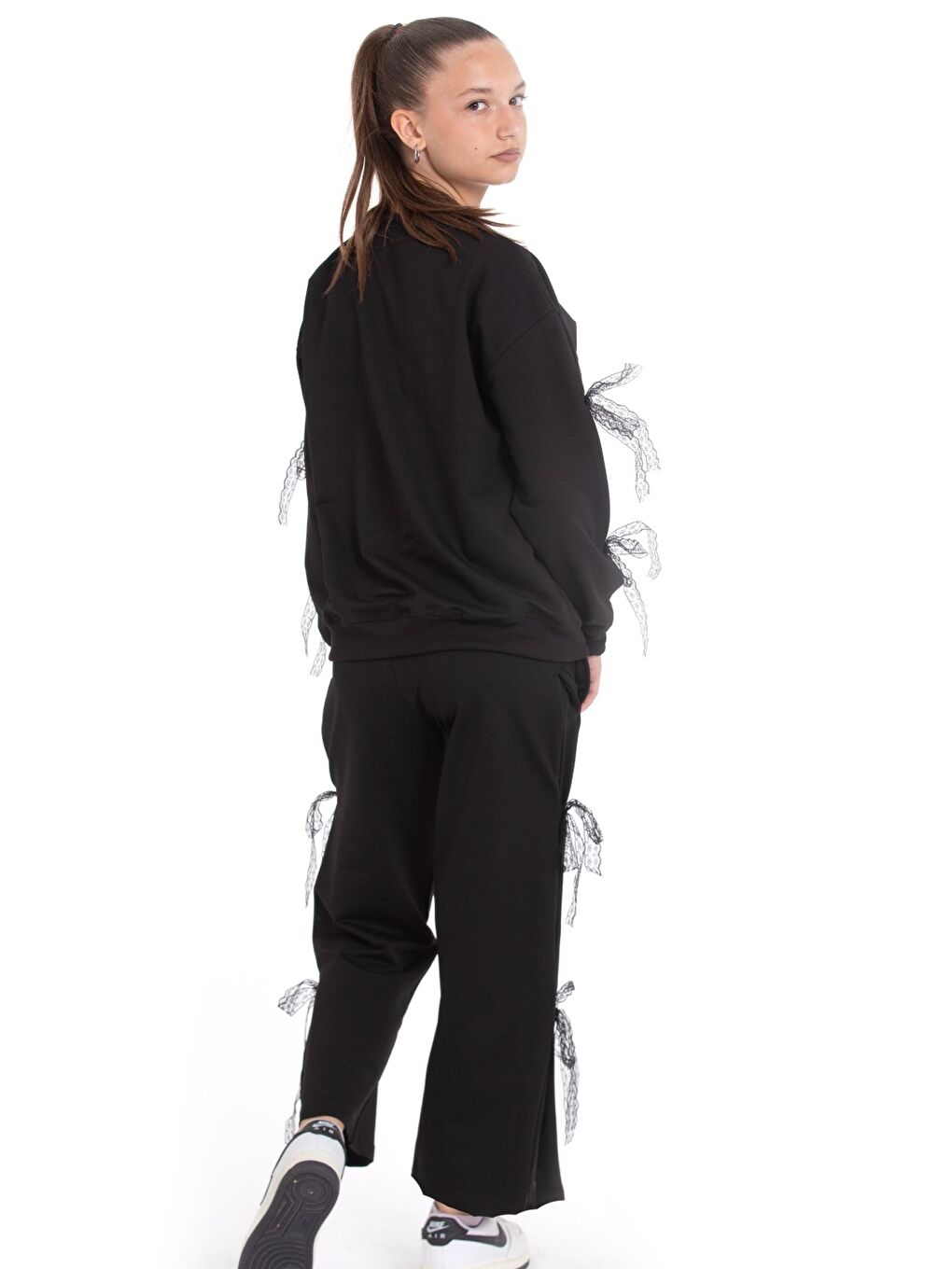 Siyah Kız Çocuk Eşofman Takımı Taş Baskılı Fiyonk ve Tül Detaylı- 2 İplik 12213.1-2