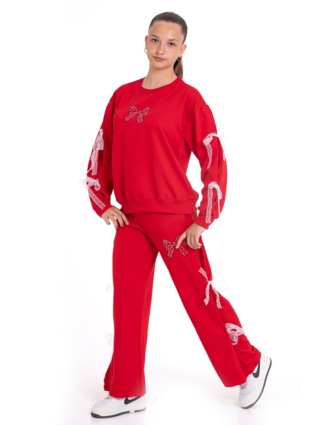 Kırmızı Kız Çocuk Eşofman Takımı Taş Baskılı Fiyonk ve Tül Detaylı- 2 İplik 12213.1-1