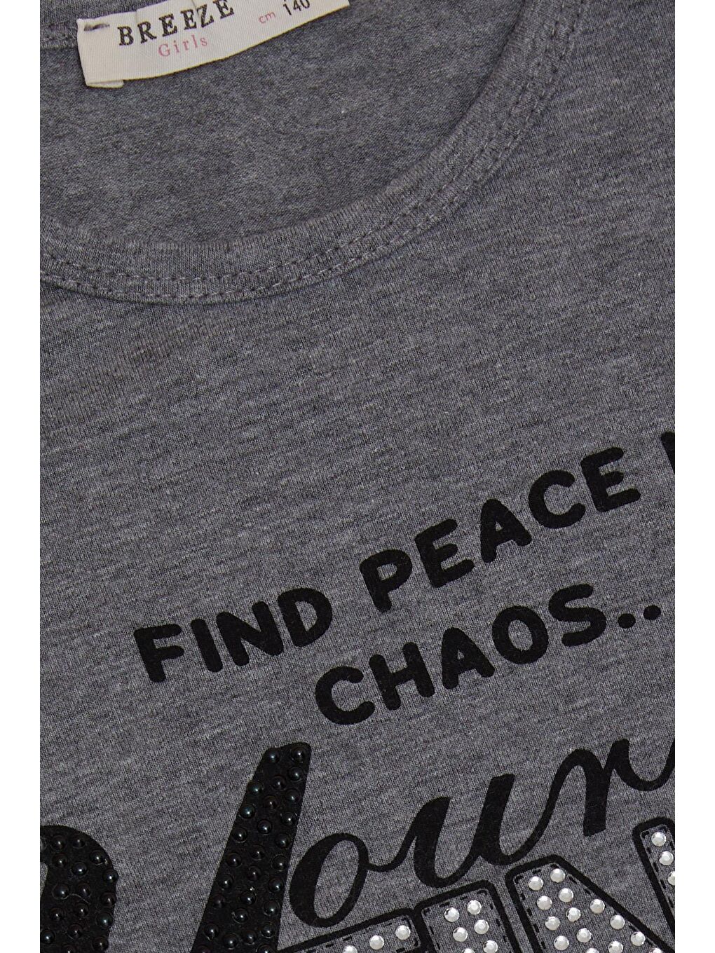 Kız Çocuk Uzun Kollu Tişört Taşlı Yazı Baskılı Koyu Gri Melanj (10-16 Yaş)-2