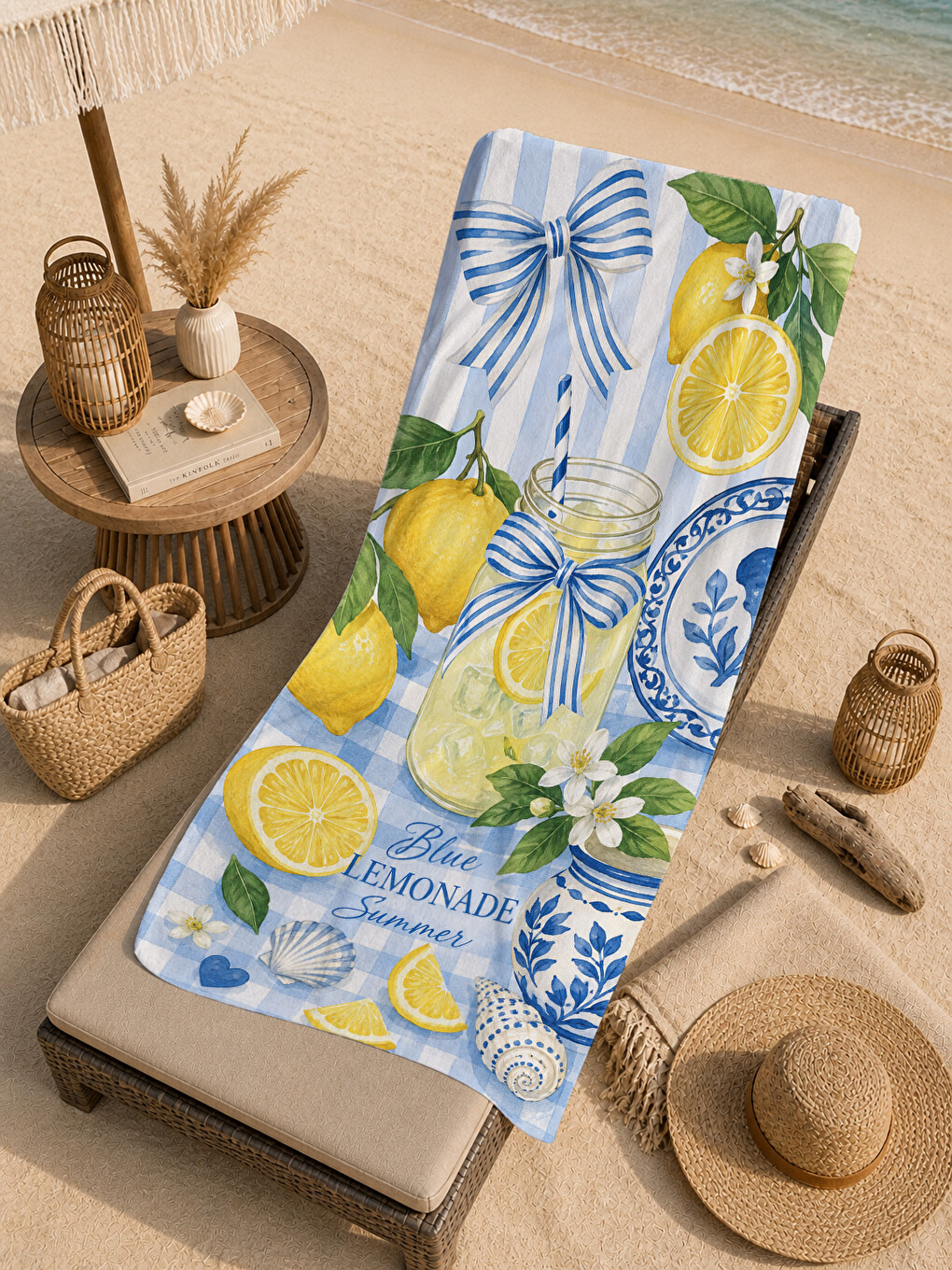 Akdeniz Limon Mavi Çini Ve Seramik Desenli 70x150 Plaj Havlusu - Dijital Baskılı Banyo Havlusu-3