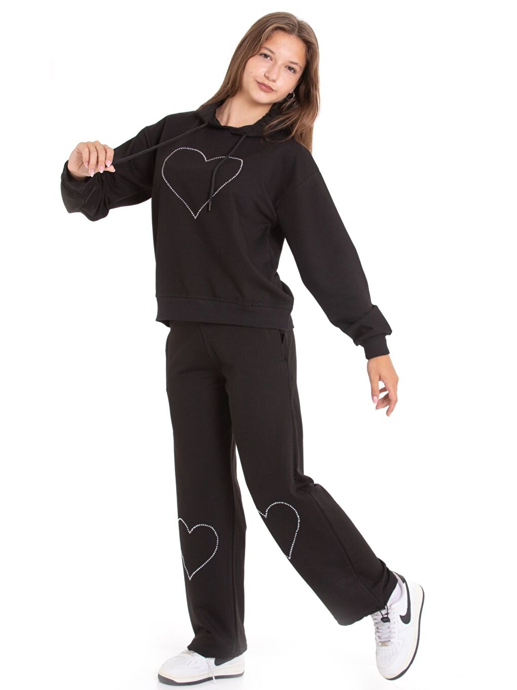 Siyah Kız Çocuk Eşofman Takımı Kapüşonlu-Kalp Baskılı- 2 İplik 1247.1