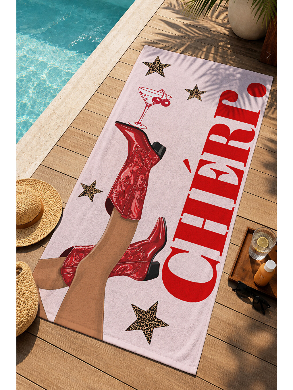 Pembe Retro Chérie Yazılı Moda Kadını Desenli 70x150 Plaj Havlusu - Dijital Baskılı Solmaz Banyo Havlusu-4