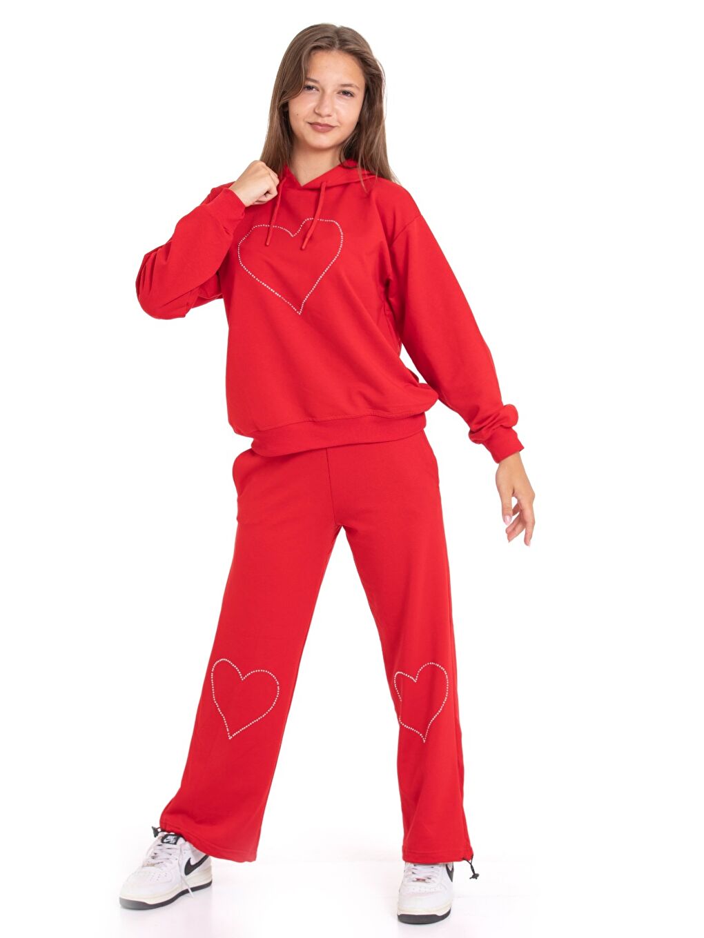 Kırmızı Kız Çocuk Eşofman Takımı Kapüşonlu-Kalp Baskılı- 2 İplik 1247.1-1