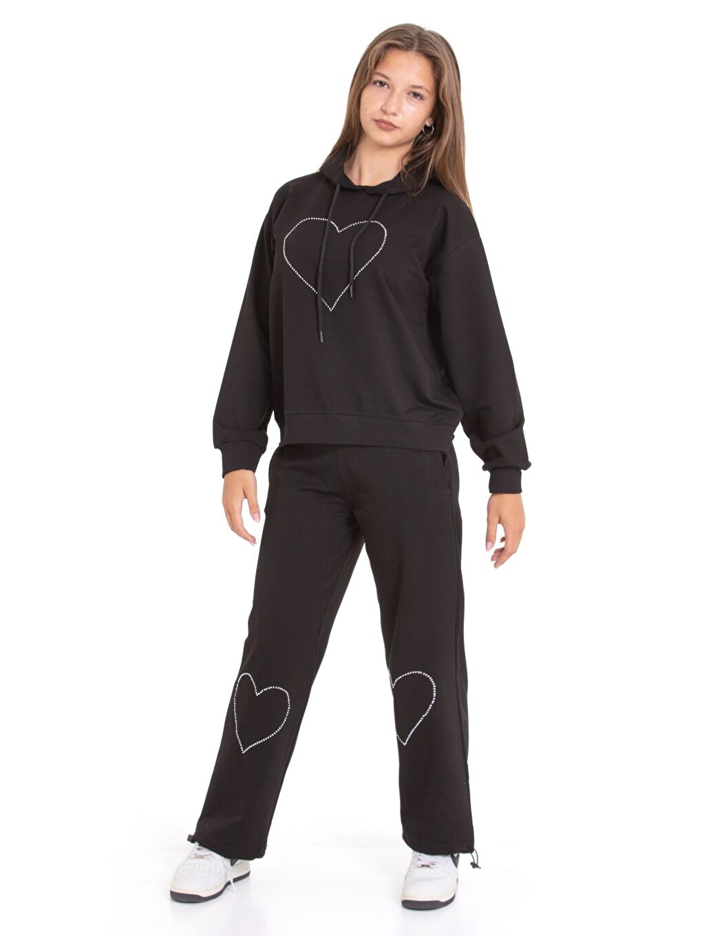 Siyah Kız Çocuk Eşofman Takımı Kapüşonlu-Kalp Baskılı- 2 İplik 1247.1-1