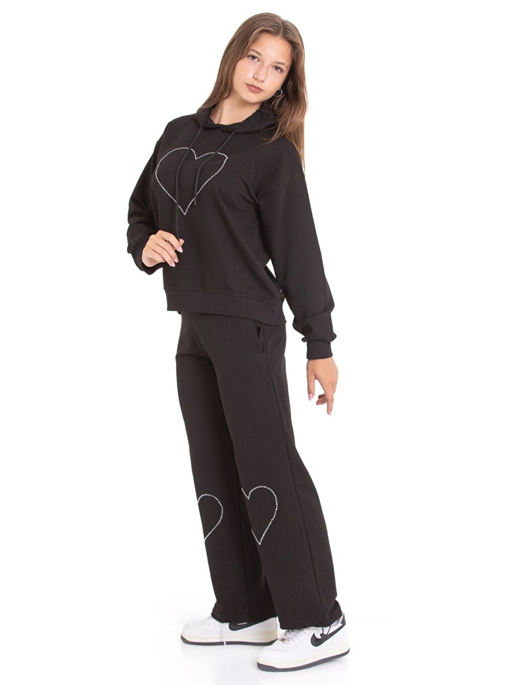 Siyah Kız Çocuk Eşofman Takımı Kapüşonlu-Kalp Baskılı- 2 İplik 1247.1-2