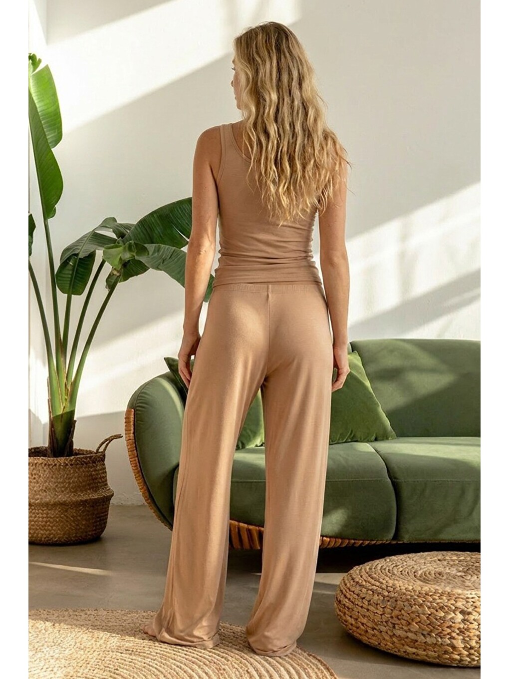 Bej Geniş Askılı Viskon Örme Pijama Takım 8012-2
