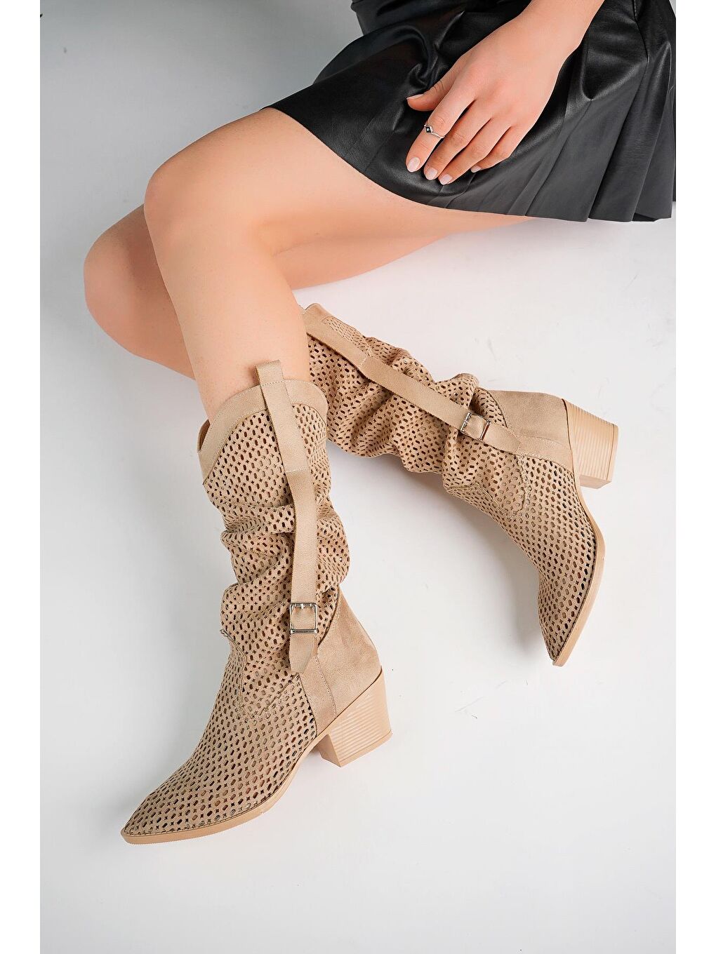 Bej FLORİDA Kadın Lazer Kesim Delikli Western Kovboy Yazlık Topuklu Festival Çizme-2