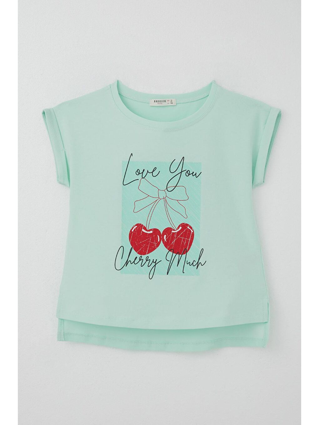 Turkuaz Kız Çocuk Tişört Sevgi Temalı Kalp Fiyonk Baskılı Su Yeşili (10-16 Yaş)