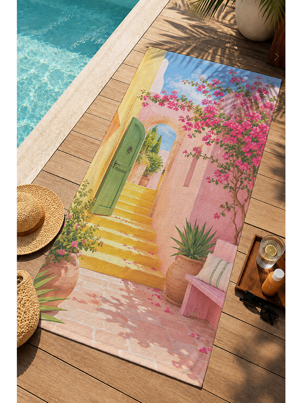 Akdeniz Pembe Kapı Begonvil Desenli 70x150 Plaj Havlusu - Dijital Baskılı Solmaz Banyo Havlusu-1