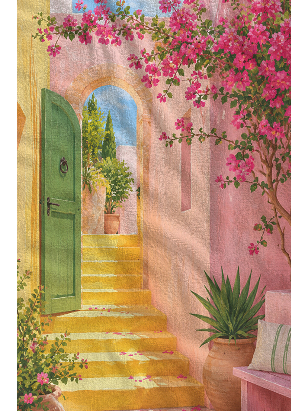 Akdeniz Pembe Kapı Begonvil Desenli 70x150 Plaj Havlusu - Dijital Baskılı Solmaz Banyo Havlusu-2