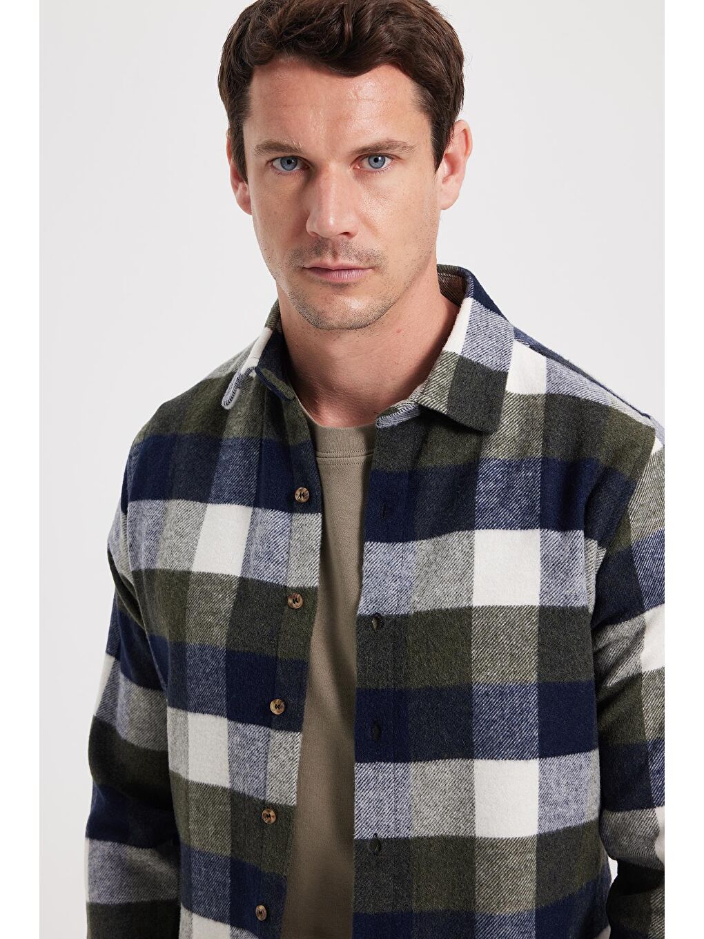 Haki Erkek Slim Fit Dar Kesim Kareli Kışlık Oduncu Gömlek