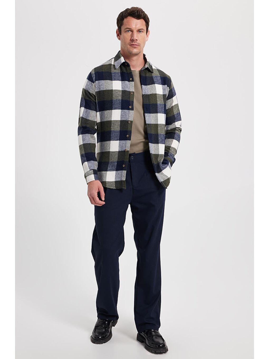 Haki Erkek Slim Fit Dar Kesim Kareli Kışlık Oduncu Gömlek-1