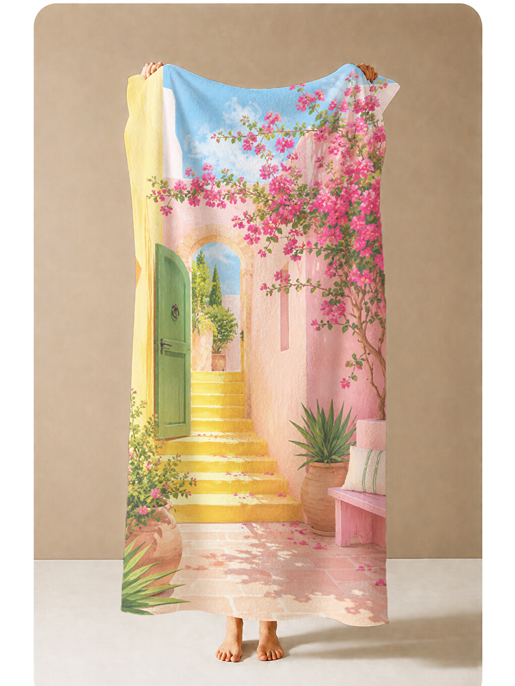 Akdeniz Pembe Kapı Begonvil Desenli 70x150 Plaj Havlusu - Dijital Baskılı Solmaz Banyo Havlusu-3