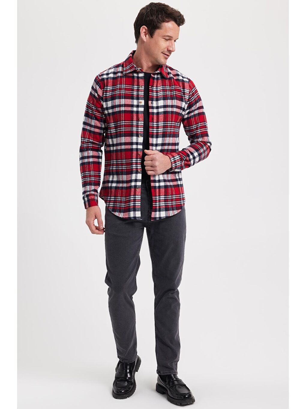 Kırmızı Erkek Slim Fit Dar Kesim Kareli Kışlık Oduncu Gömlek-1