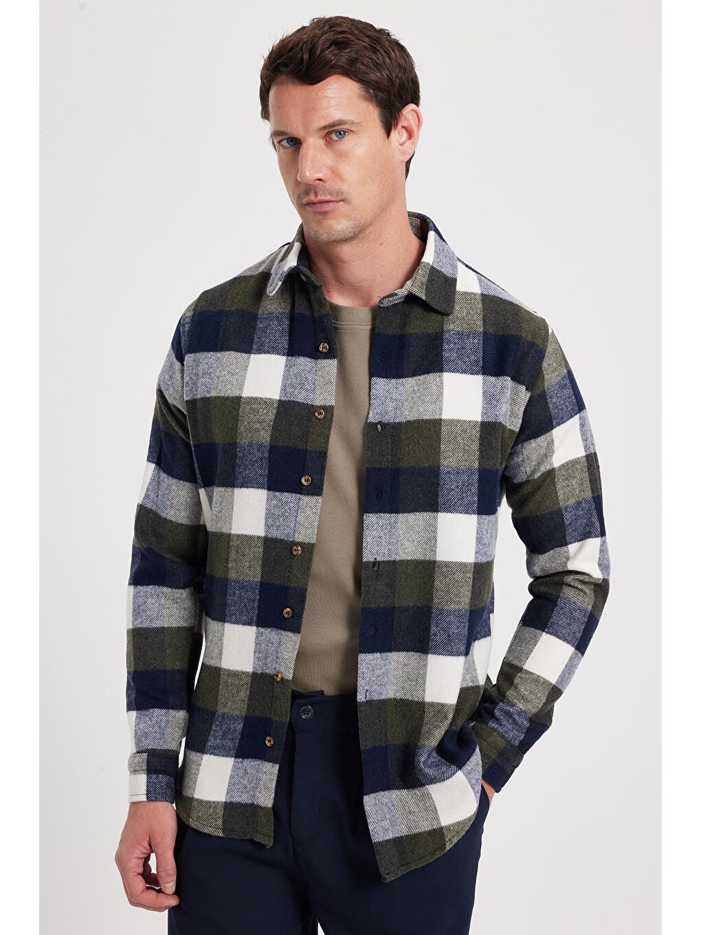 Haki Erkek Slim Fit Dar Kesim Kareli Kışlık Oduncu Gömlek-2