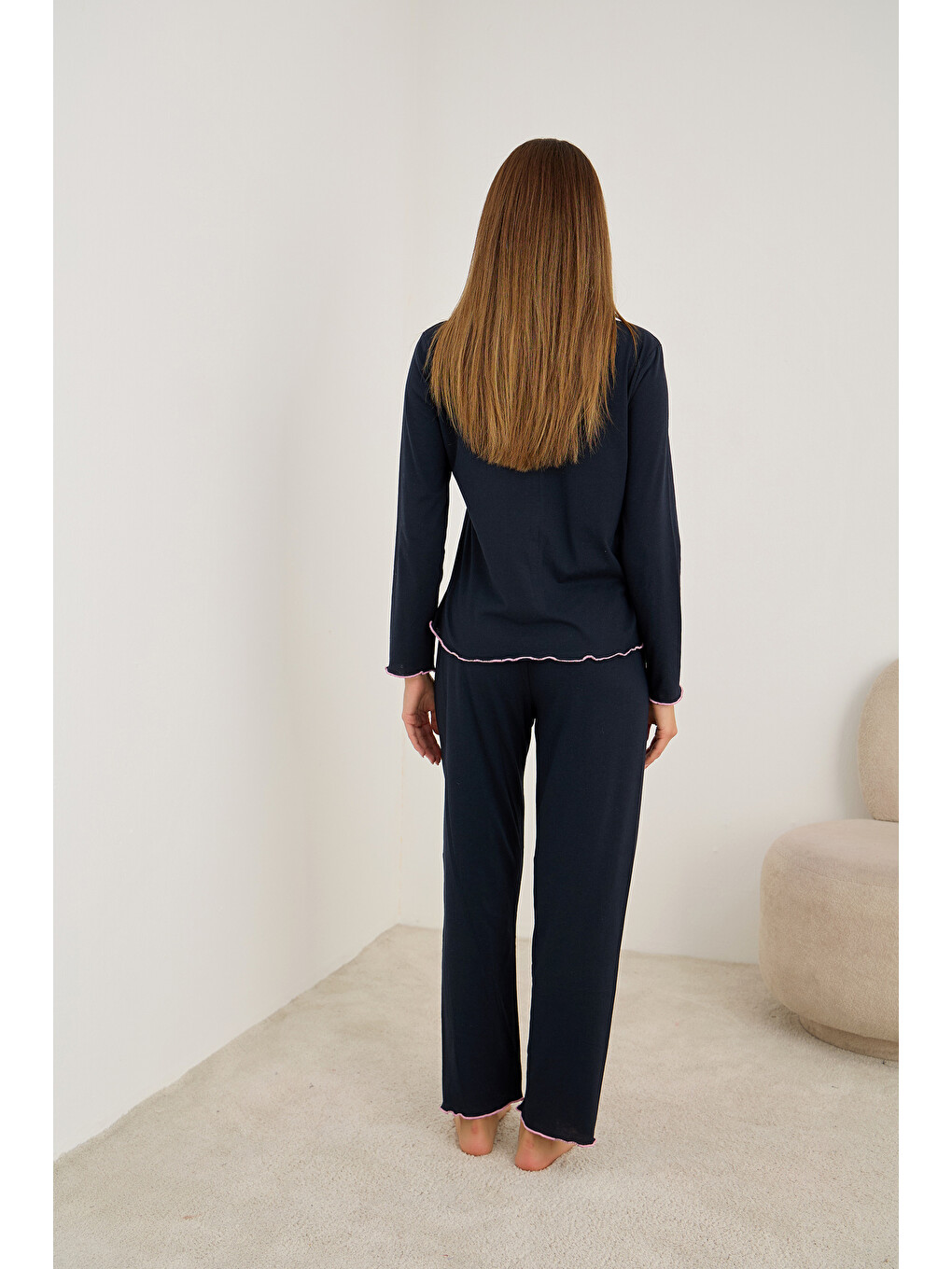 Lacivert Gül Aksesuarlı Uzun Kollu Pijama Takım 7939-2