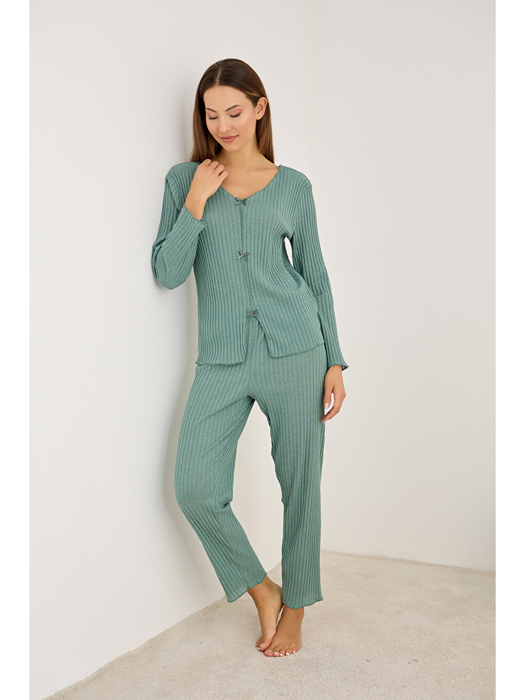 Yeşil Fiyonklu Fitilli Kaşkorse Uzun Kollu Pijama Takım 7937-1