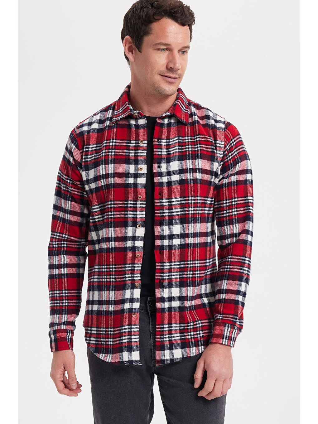 Kırmızı Erkek Slim Fit Dar Kesim Kareli Kışlık Oduncu Gömlek-2