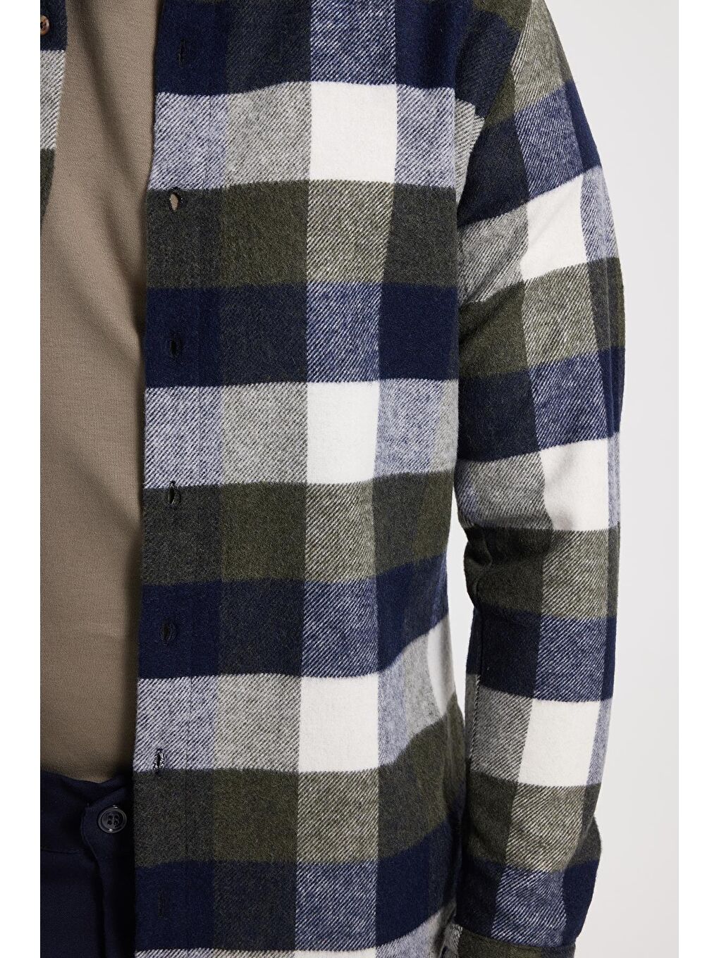 Haki Erkek Slim Fit Dar Kesim Kareli Kışlık Oduncu Gömlek-3