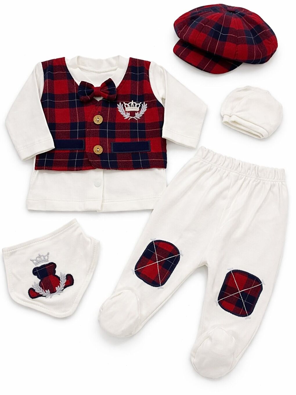 Kırmızı Erkek Bebek Lüx Kutulu Taçlı Pamuklu 5li Hastane Çıkış Seti Yenidoğan Hediye 0-3 ay