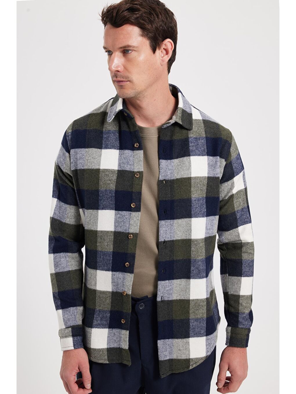 Haki Erkek Slim Fit Dar Kesim Kareli Kışlık Oduncu Gömlek-6