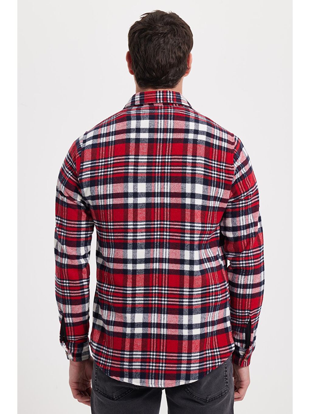 Kırmızı Erkek Slim Fit Dar Kesim Kareli Kışlık Oduncu Gömlek-5