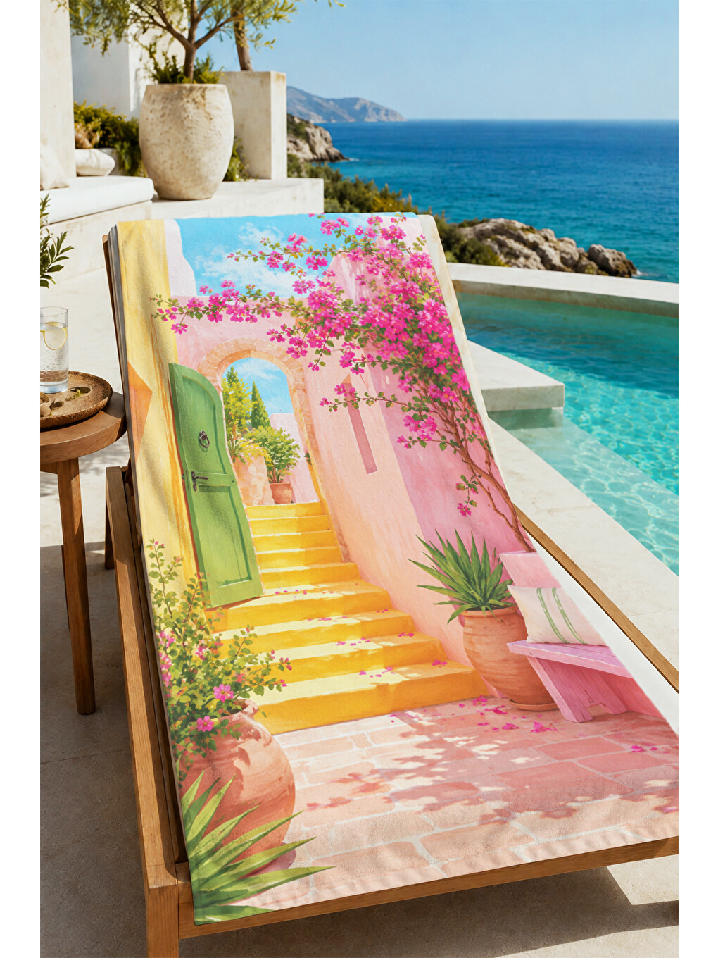 Akdeniz Pembe Kapı Begonvil Desenli 70x150 Plaj Havlusu - Dijital Baskılı Solmaz Banyo Havlusu-4