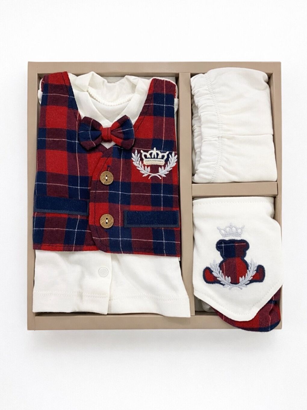 Kırmızı Erkek Bebek Lüx Kutulu Taçlı Pamuklu 5li Hastane Çıkış Seti Yenidoğan Hediye 0-3 ay-1