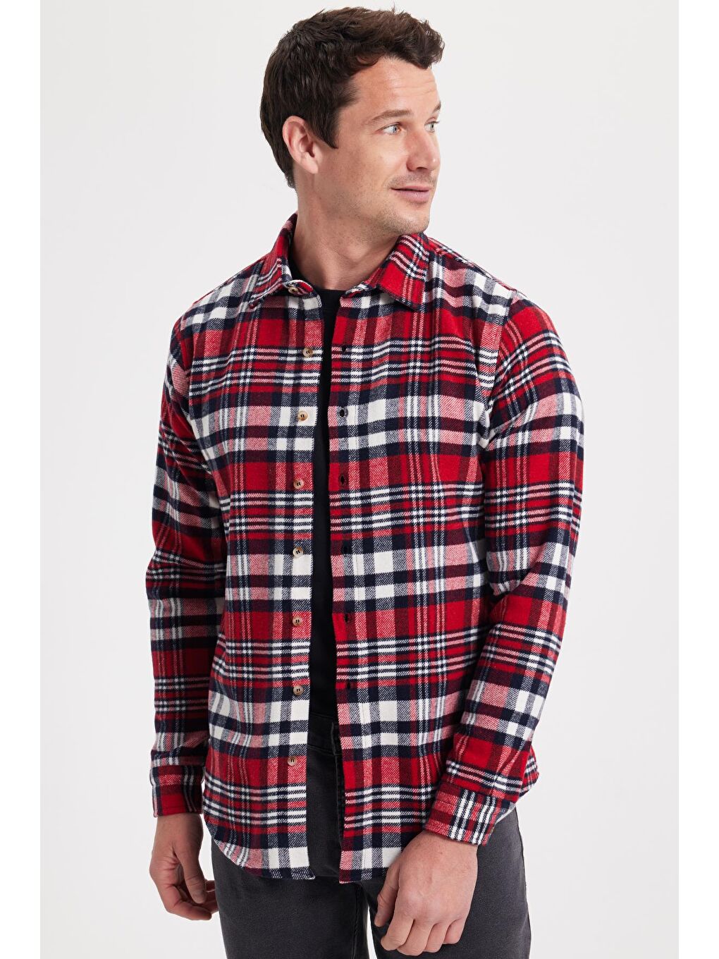 Kırmızı Erkek Slim Fit Dar Kesim Kareli Kışlık Oduncu Gömlek-6