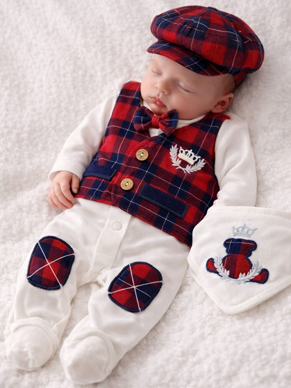 Kırmızı Erkek Bebek Lüx Kutulu Taçlı Pamuklu 5li Hastane Çıkış Seti Yenidoğan Hediye 0-3 ay-3