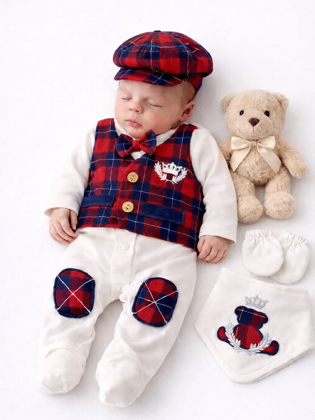 Kırmızı Erkek Bebek Lüx Kutulu Taçlı Pamuklu 5li Hastane Çıkış Seti Yenidoğan Hediye 0-3 ay-4