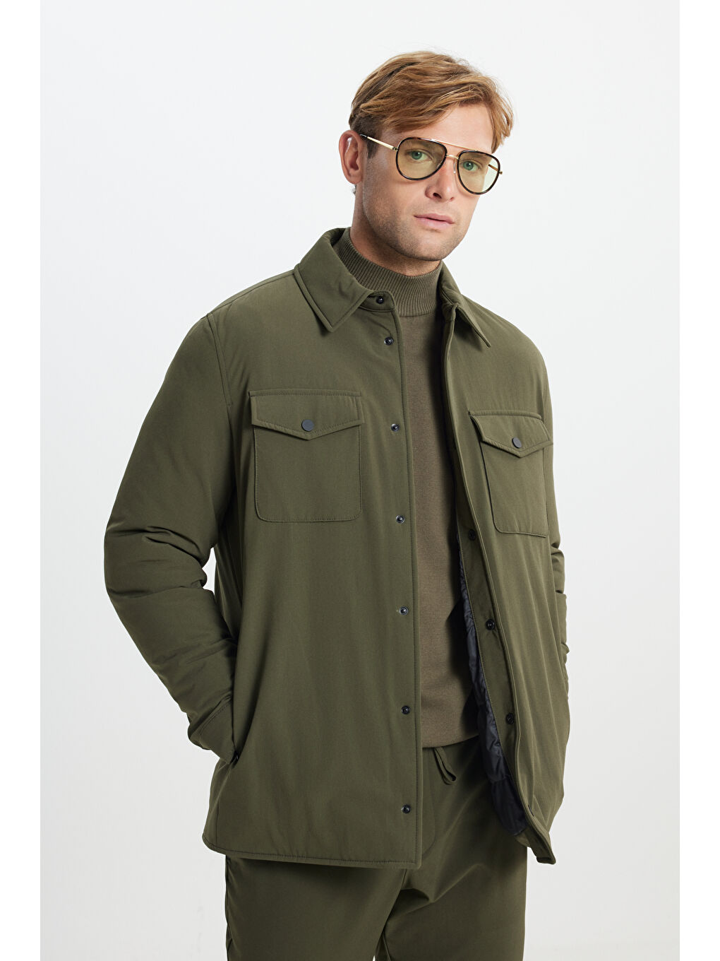 Erkek Haki Standart Fit Normal Kesim Cepli Ceket Gömlek-2