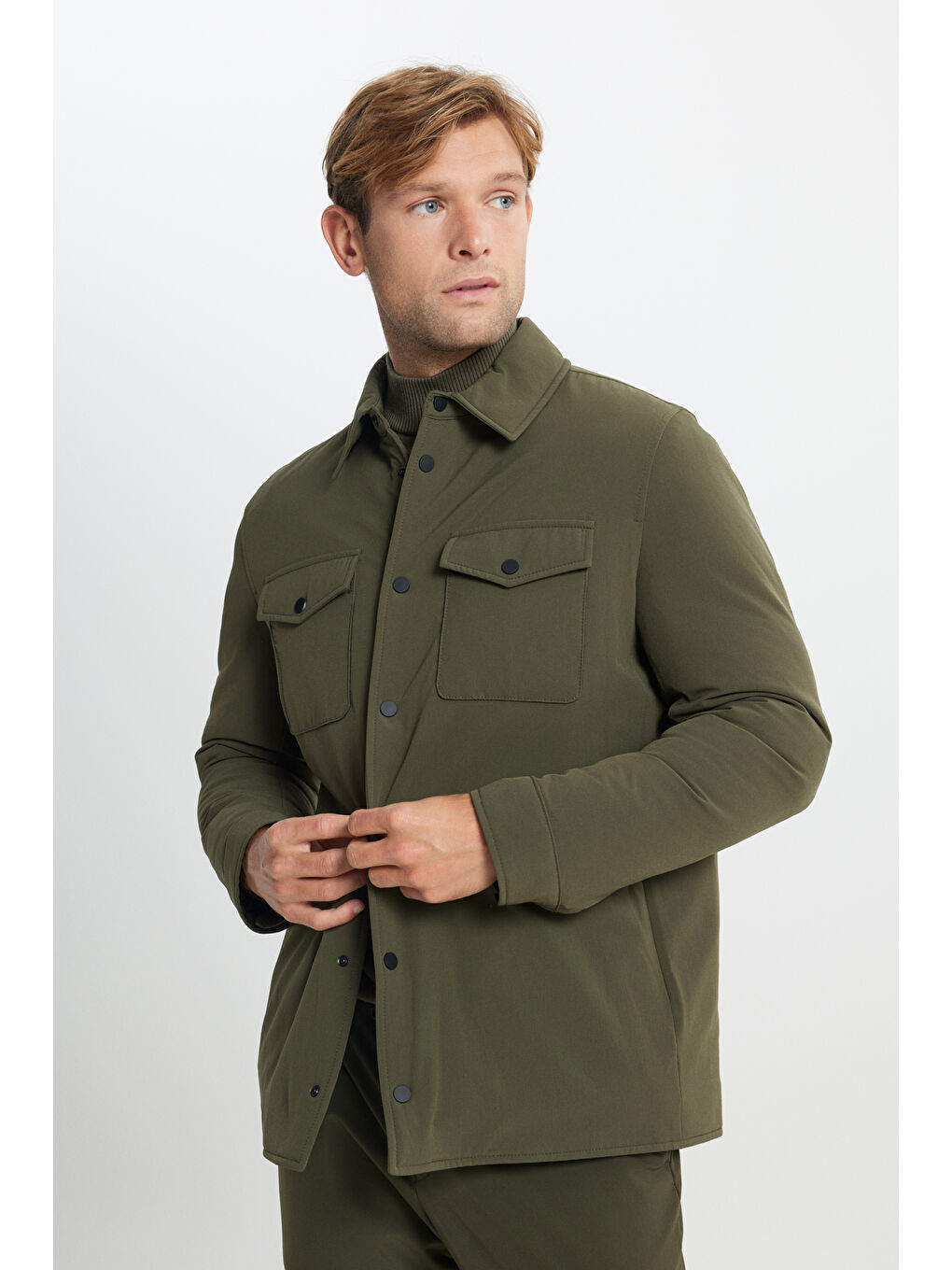 Erkek Haki Standart Fit Normal Kesim Cepli Ceket Gömlek-3